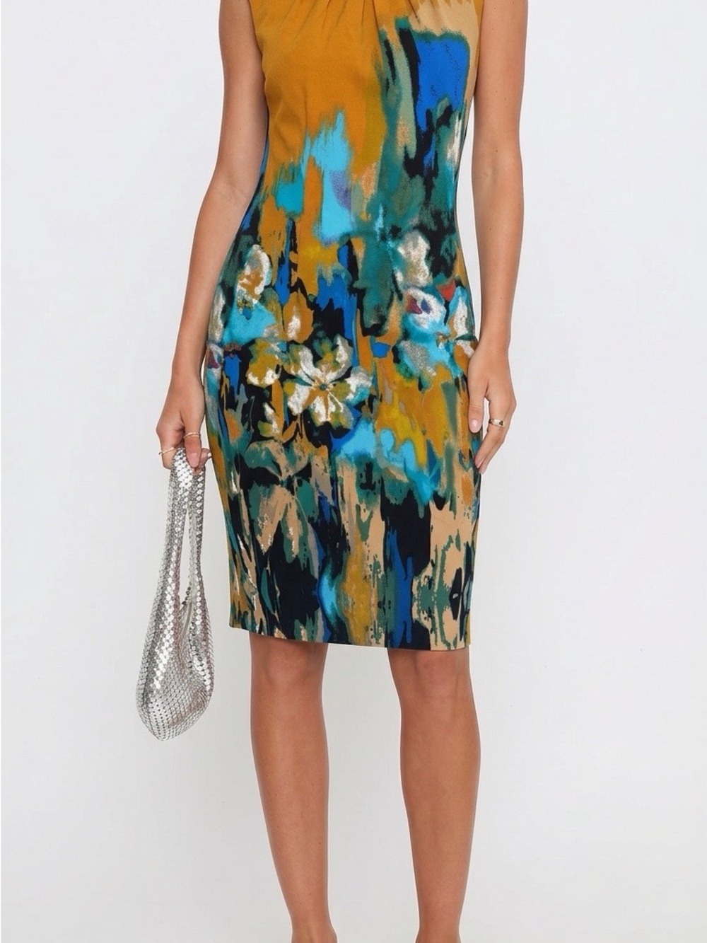 Calvin Klein Mustard, Teal & Navy Abstract Floral Midi Dress